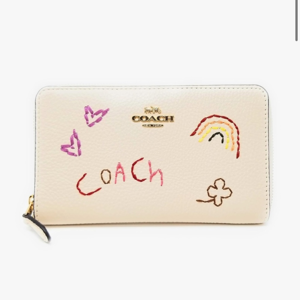 Medium Cream Coach Id Zip Wallet With Diary Embroidery